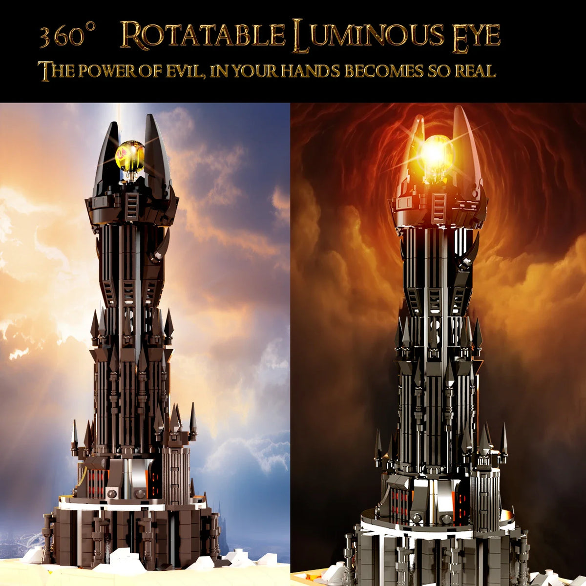 966PCS Black Tower Magic Book Building Blocks Dark Magic Castle Model Assembly Bricks Set With Lights DIY Toys Teenagers Gifts