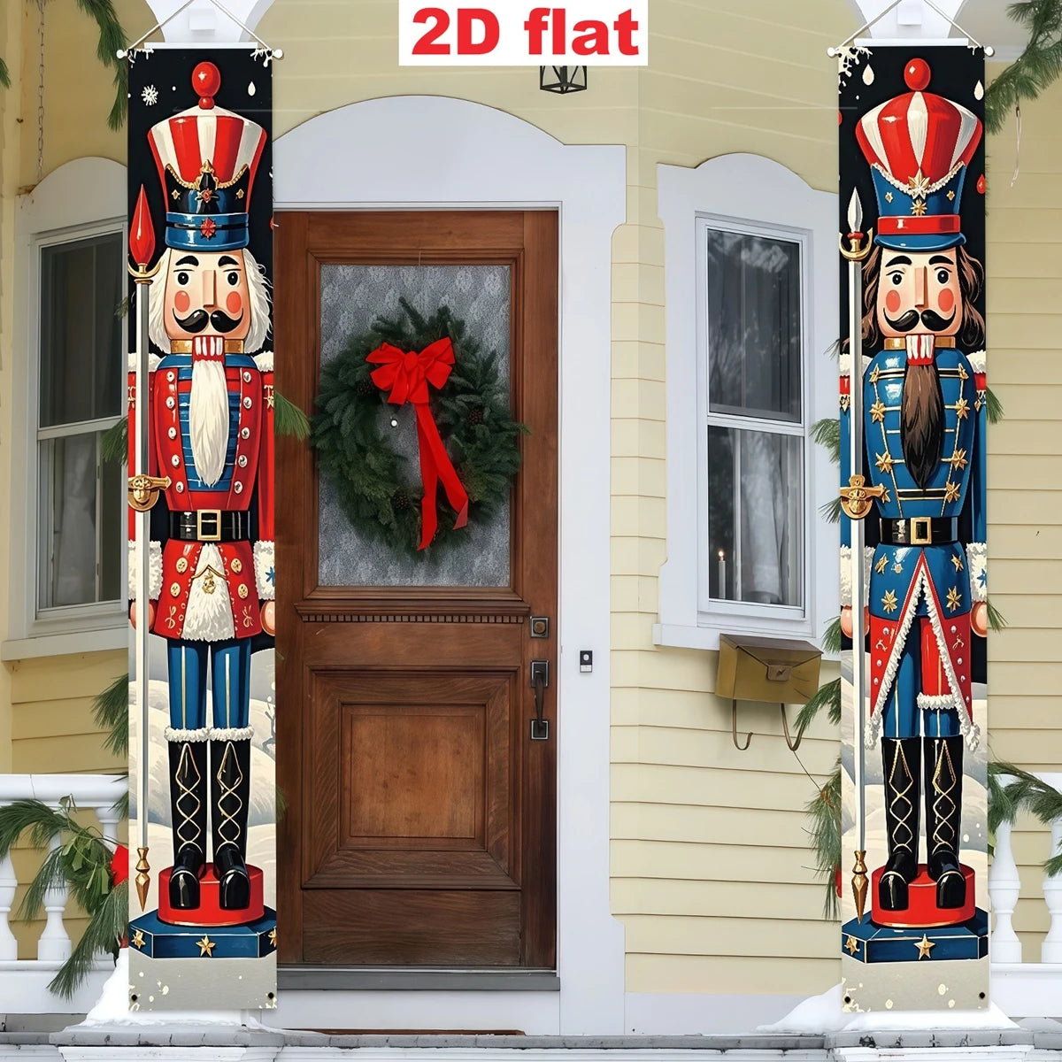 2Pcs Nutcracker Soldier Christmas Door Couplets 2D Flat Polyester Hanging Banner Xmas Front Porch Indoor Outdoor Holiday Decor