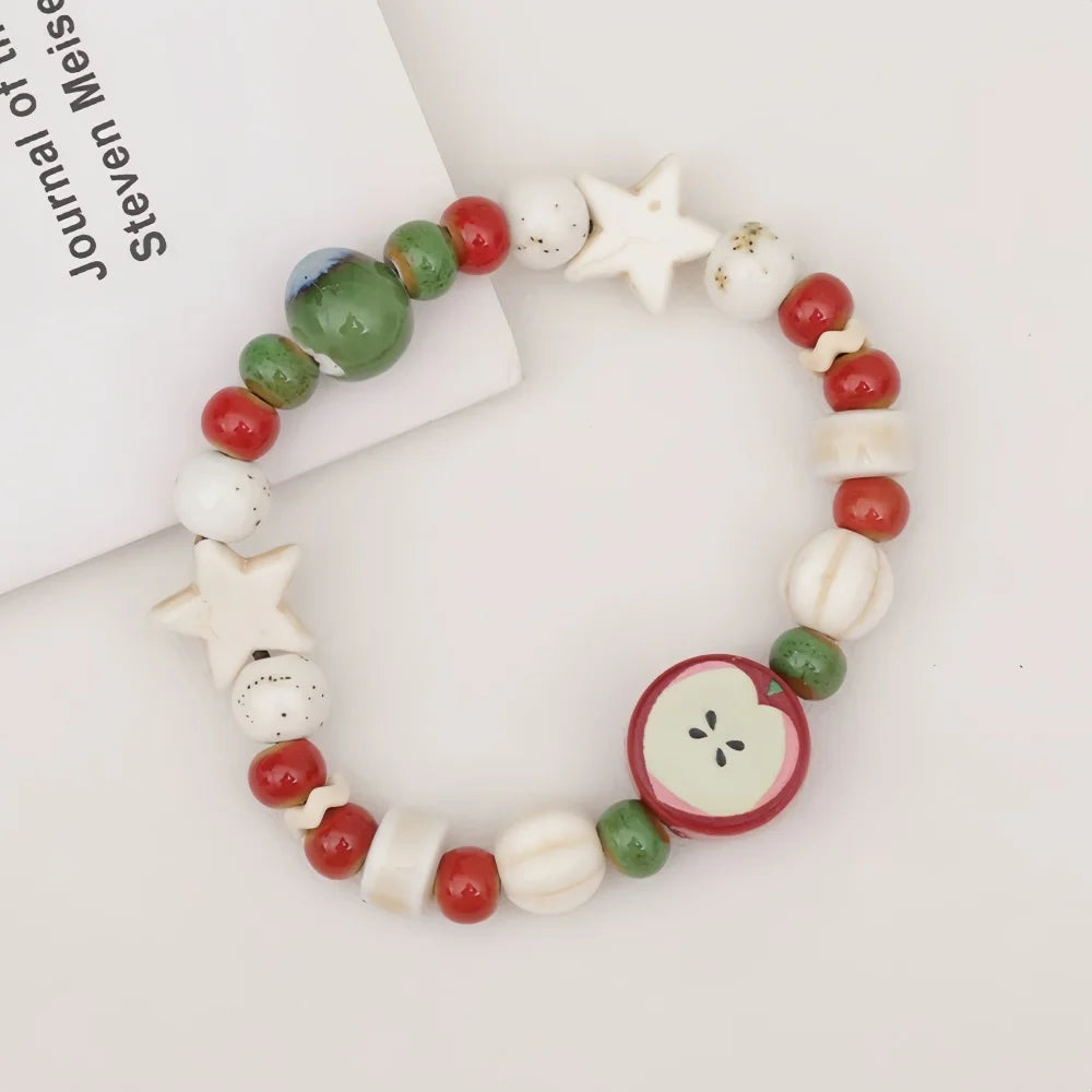 Dopamine Red Ceramic Apple Bead Bracelet Simple Handmade Splicing Bracelet For Women Retro Jewelry Trendy Accessories