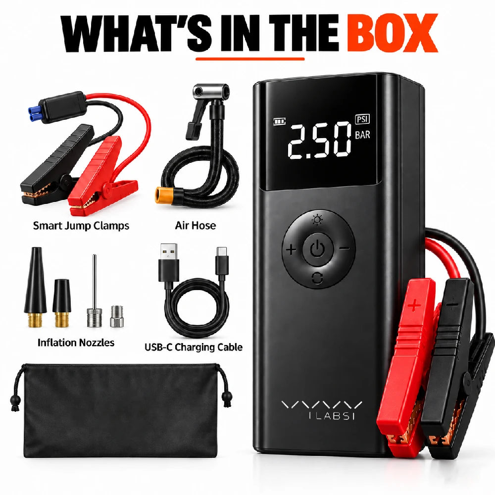Vyvylabs 12V Car Jump Starter with Air Compressor 600A Peak 150PSI Tire Inflator Power Bank LED Lights Portable Battery Booster