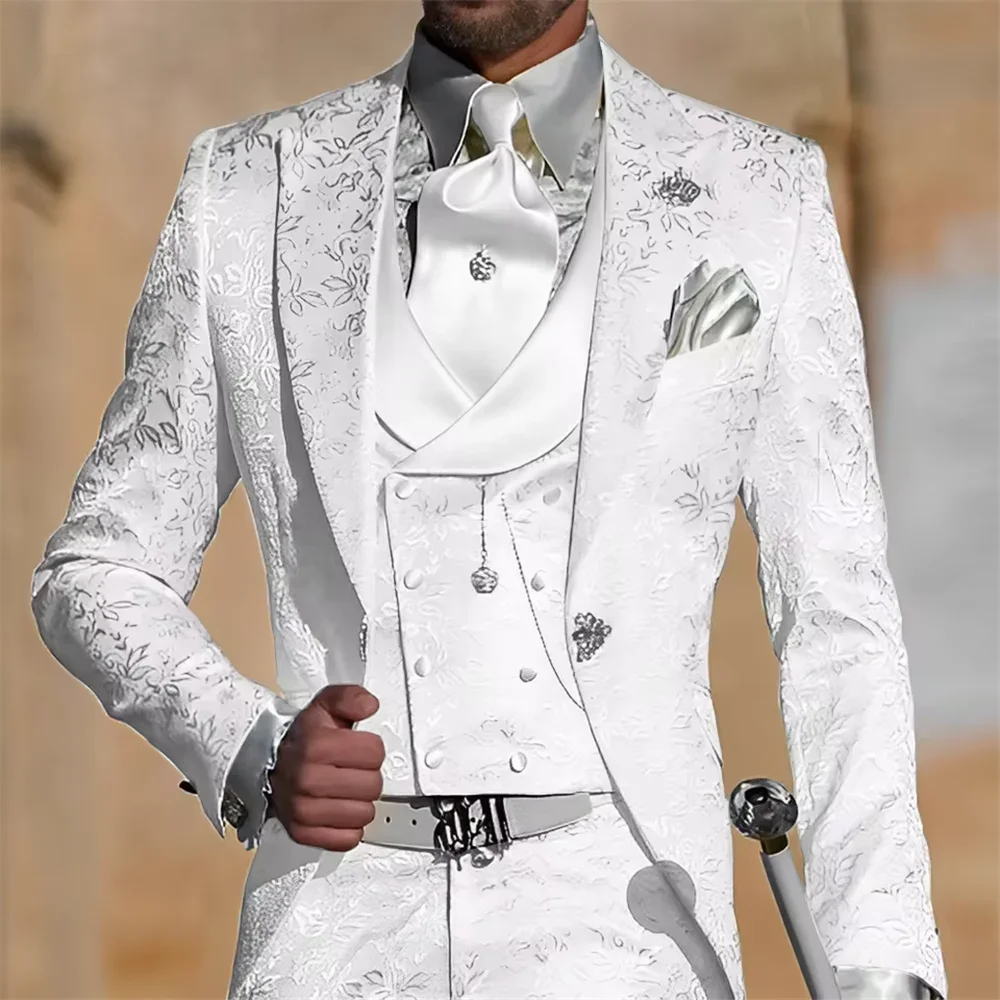 White Floral Jacquard Men's Wedding Suit 3pcs Jacket Vest Pants Slim Wear for Groom Dinner Party Custom Tuxedo