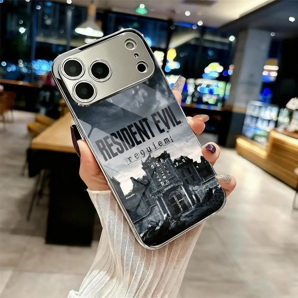 R-Resident Evil 9 Phone Case For IPhone 17 16 15 14 13 12 Pro Max Plus Electroplated Metal Bumper Case Tempered Glass Back