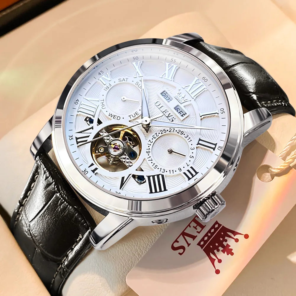 OLEVS 6668 Top Brand Men's Watches Trend Fashion Automatic Mechanical Wristwatch Leather Strap Waterproof Luminous Watch for Man