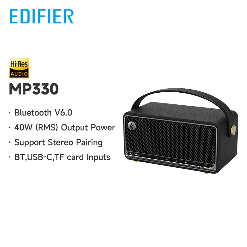 Edifier MP330 Portable Bluetooth Speaker Bluetooth V6.0 Hi-Res Audio USB-C TF Card Inputs Stereo Pairing 40W RMS 19H Playtime
