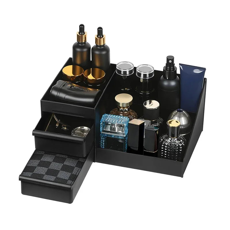 1pc Mens Fragrance Organizer, Perfume & Cologne Stand with Drawers, Modern Bathroom Dresser Top Storage, Counter Tidy