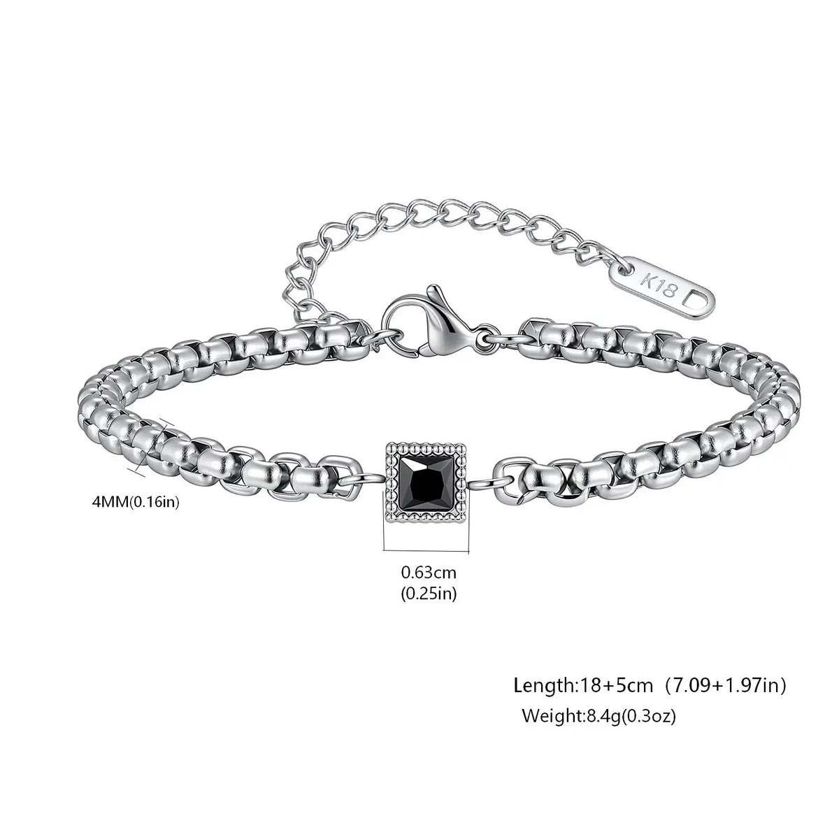 Men's Zircon Charm Bracelet, 4mm Square Chain Stainless Steel Bracelets, Fashion Waterproof Jewelry Gift for Men
