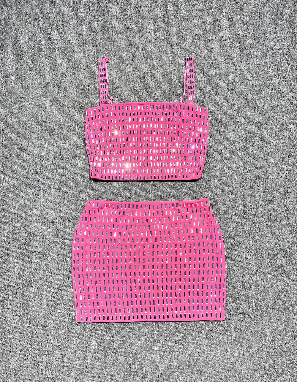 2025 Women Sexy Sleeveless Diamonds Pink Midi Bodycon Two Pieces Skirt Bandage Set Celebrity Designer Fashion Women's Set