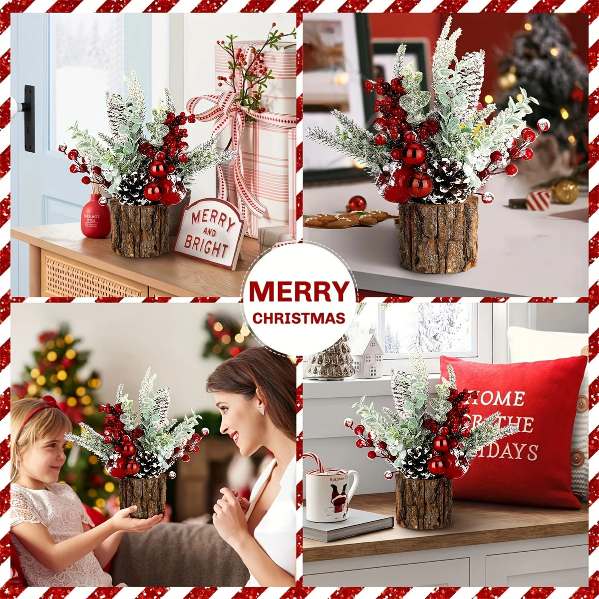 Charming Mini Christmas Tree with Red Berries & Pine Cones-Perfect for Tabletop,Fireplace Mantel Decor |Classic Holiday Ornament