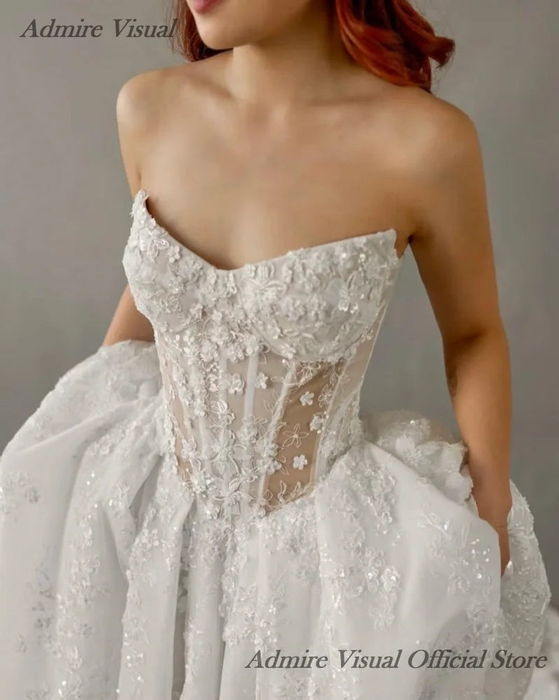 Admire Visual Wedding Dress A-Line Lace Detachable Sleeves Draped With Split On The Leg Customized Bride Gown