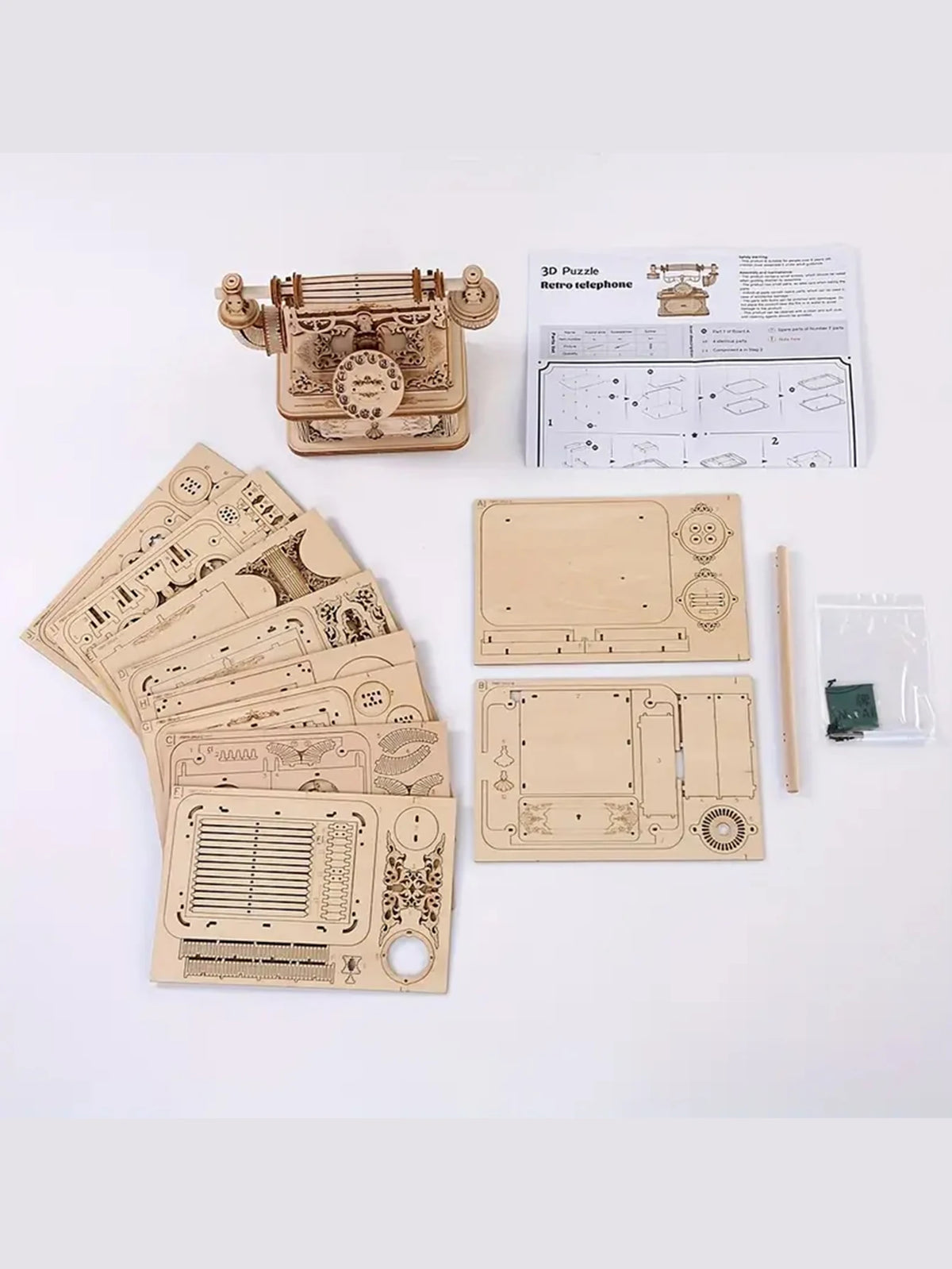 Creative Retro Telephone 3D Wooden Puzzle for Adults Tabletop Model Kits Decoration and Gift for Christmas Birthday