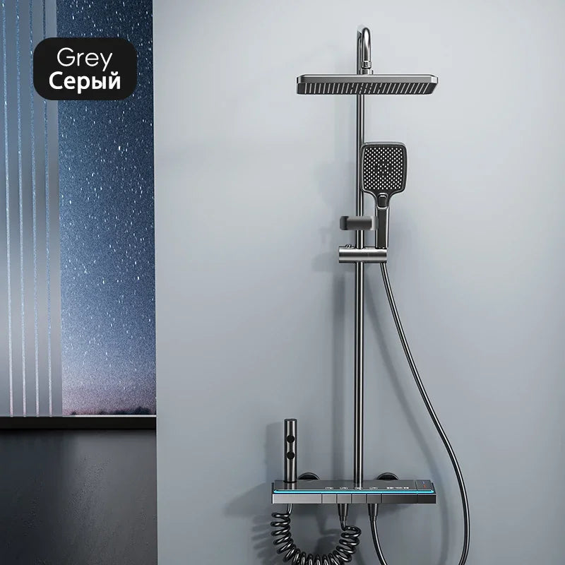 Modern Bathrooms Shower System Set Glass Panel Bathtub Rain LED Display Rainfall Shower Mixer Tap Thermostatic Faucet with Light