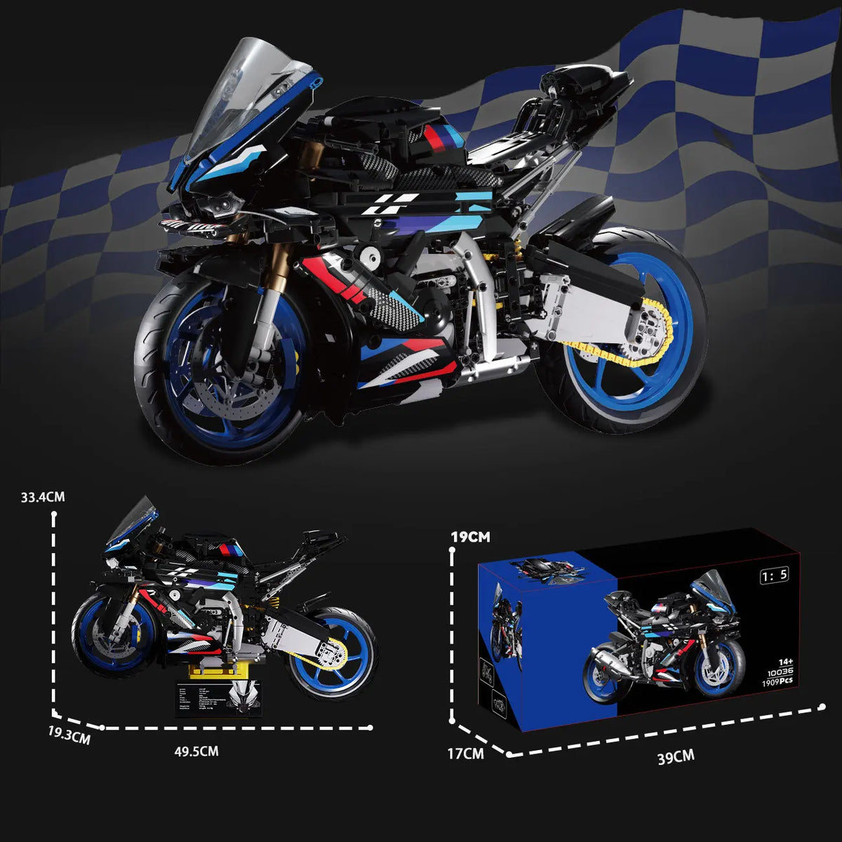 MOC Cool Superbike Model Kit 1909PCS Black Red Blue Edition 5 Scale Racing Motorcycle Building Blocks for Adults Holiday Gifts