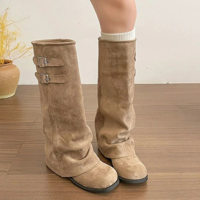 French Chic Women Foldover Knee High Boots Slouchy Wedge Slip On Shoes Black Khaki Round Toe Buckle Strap Moto Boots