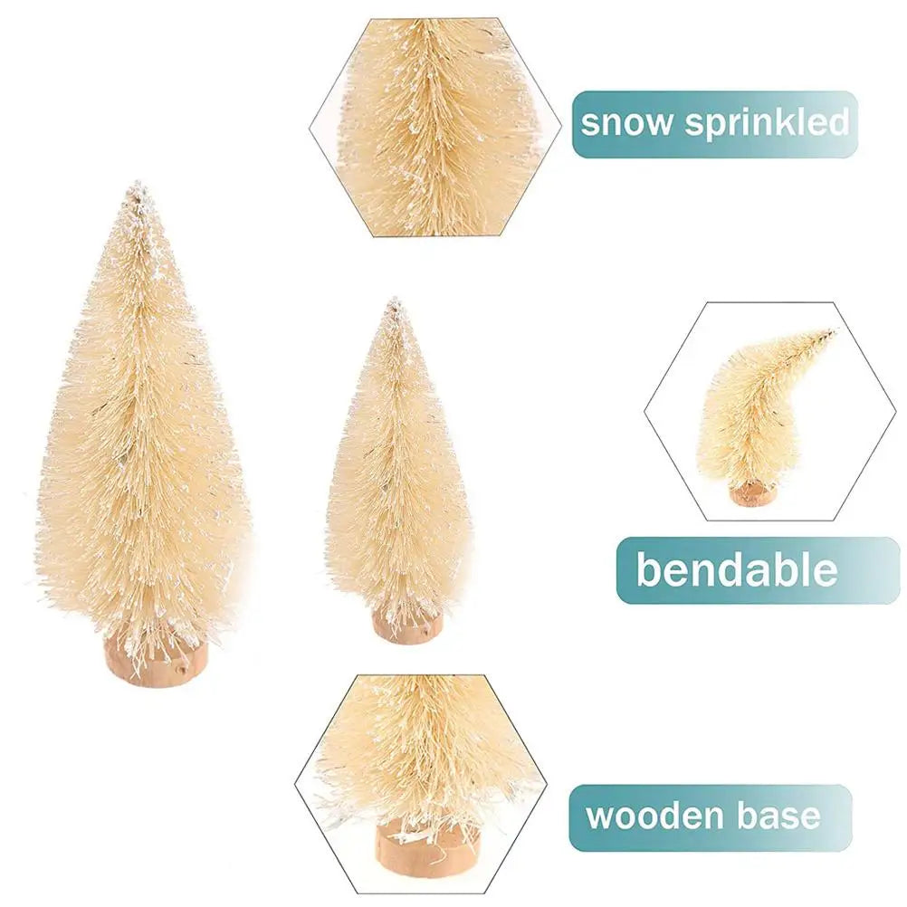 8PCS Mini Christmas Pine Tree Decorations with Wooden Base Sisal Silk Bottle Brush Trees For Xmas Party Happy New Year