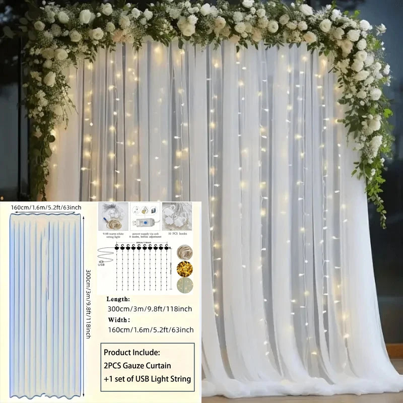 3M LED White Tulle Backdrop Curtains with Light Decoration for Wedding Engagement Birthday Party Baby Shower Decor Supplies