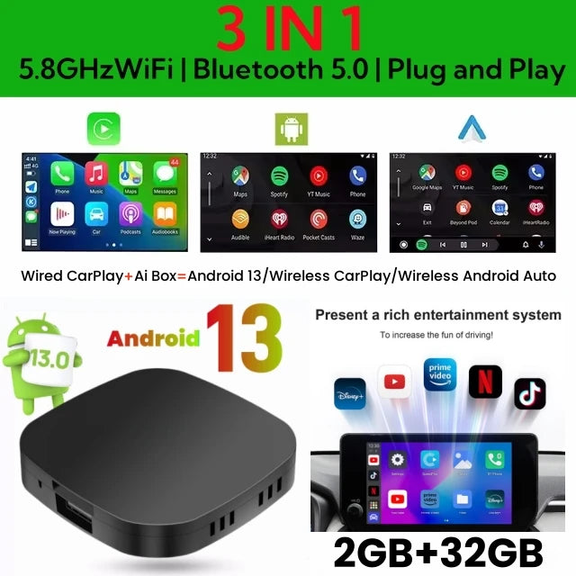 2026 Kowankit Android13 CarPlay Ai Box Wireless Android Auto 3 in 1 USB Adapter Plug & Play For Youtube Netflix Universal TV Box