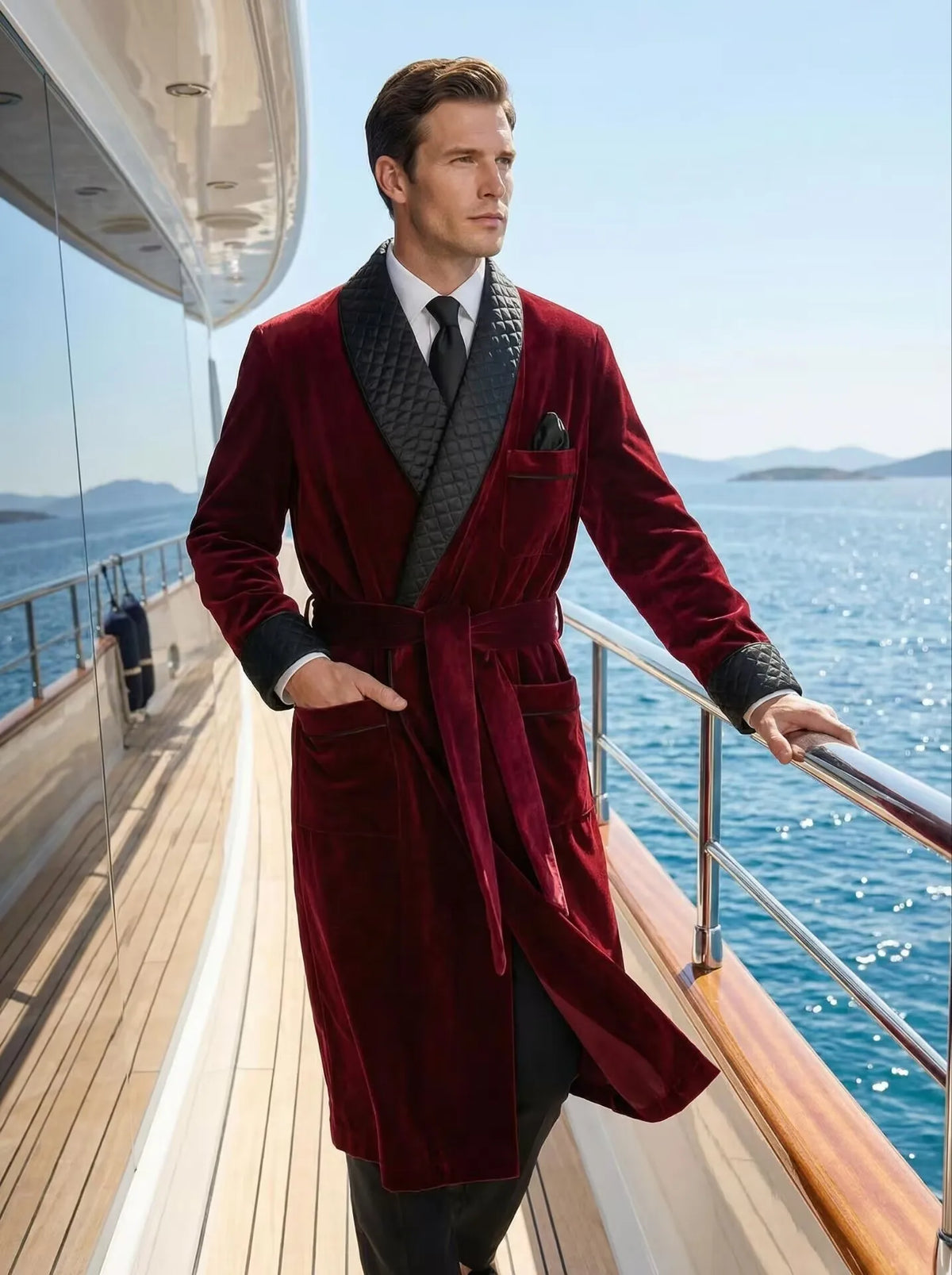 Long Velvet Smoking Jacket Shawl Lapel Wedding Groom Coat Terno Men Suit Blazer with Belt