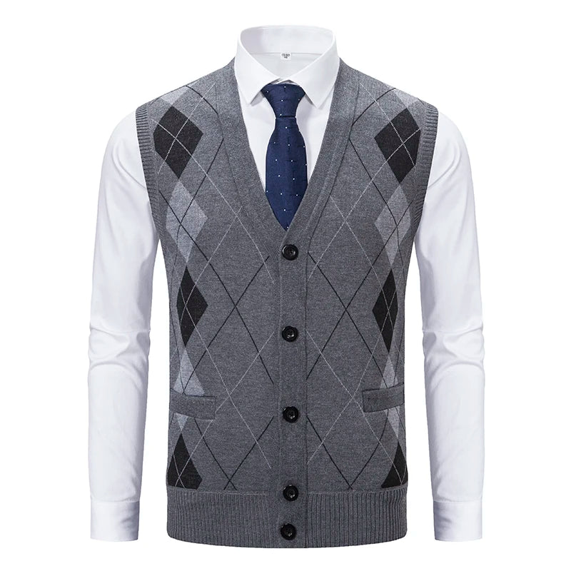Spring Autumn Male Vest Sleeveless Sweater Fleece Warm Knitted Jackets Checkered Business Casual Button Up Coat Men's Clothing