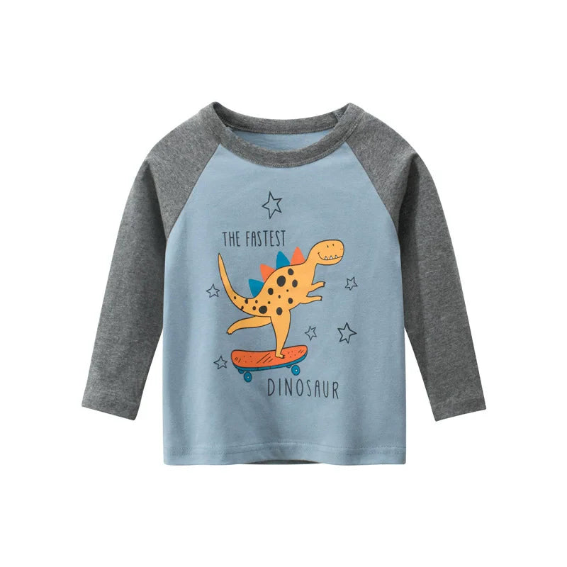 2026 Spring Autumn Children Boys Long Sleeve T-Shirts Cartoon Dinosaur Cotton Tops 2-8 Years Kids Baby Boy Tees Toddler Clothes