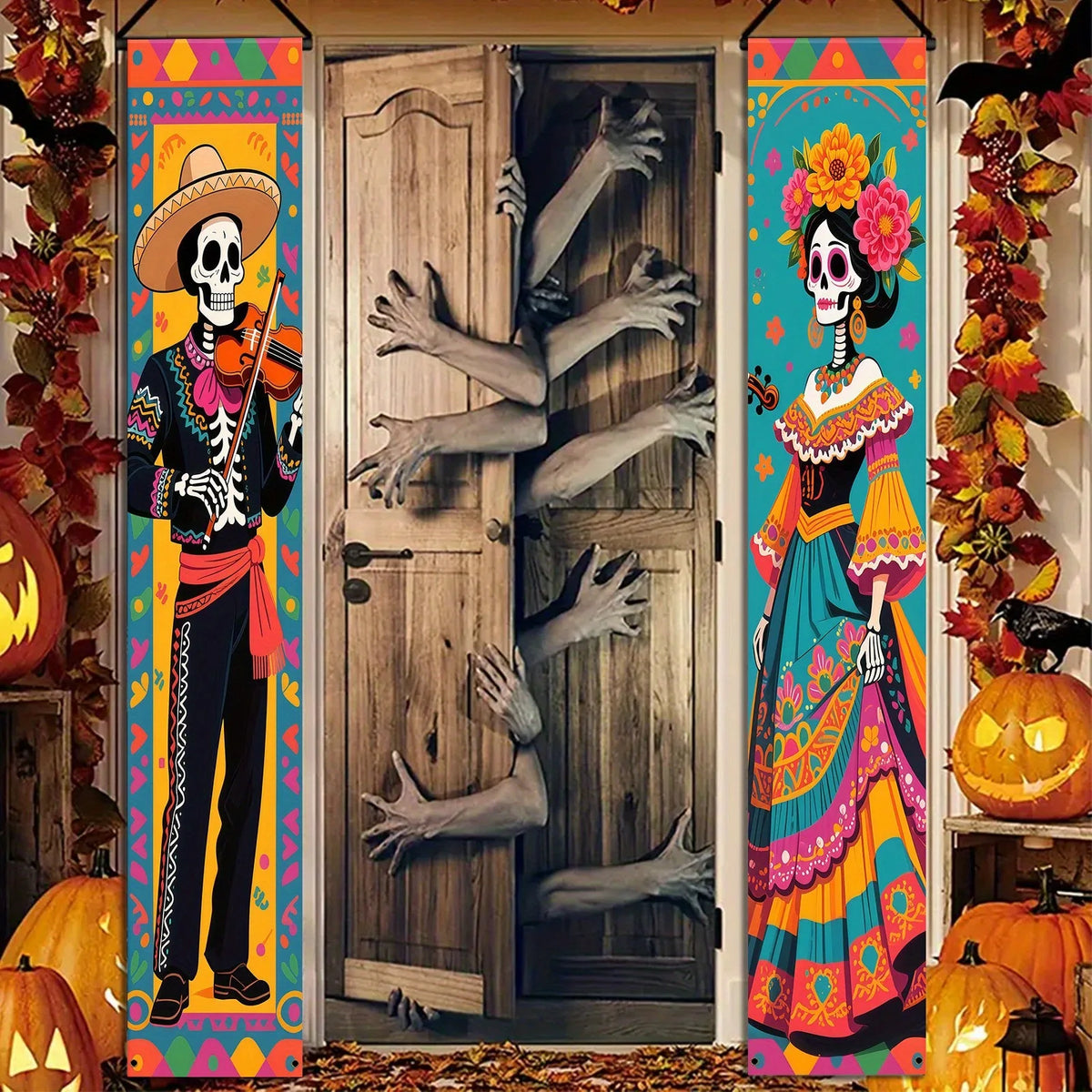 Day Of The Dead Door Banner Set Skeleton Couple Polyester Cloth Dia De Los Muertos Halloween Porch Sign For Indoor Outdoor Decor