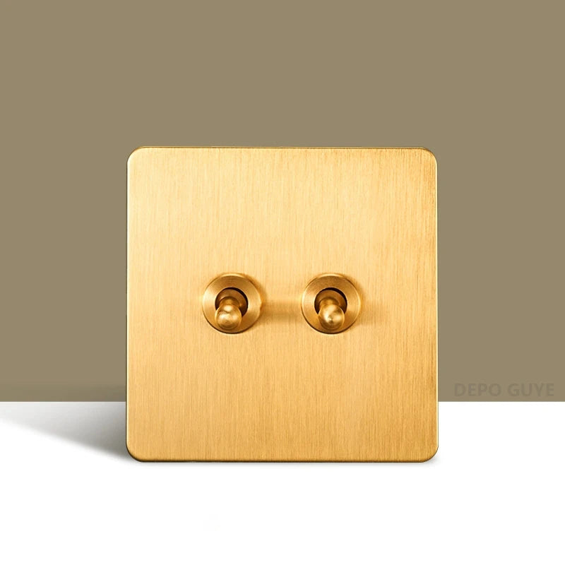 Retro Wall Light Toggle Switch Dual EU FR Socket Gold Stainless Steel Brushed Panel Vintage Brass Lever For Home Improvement