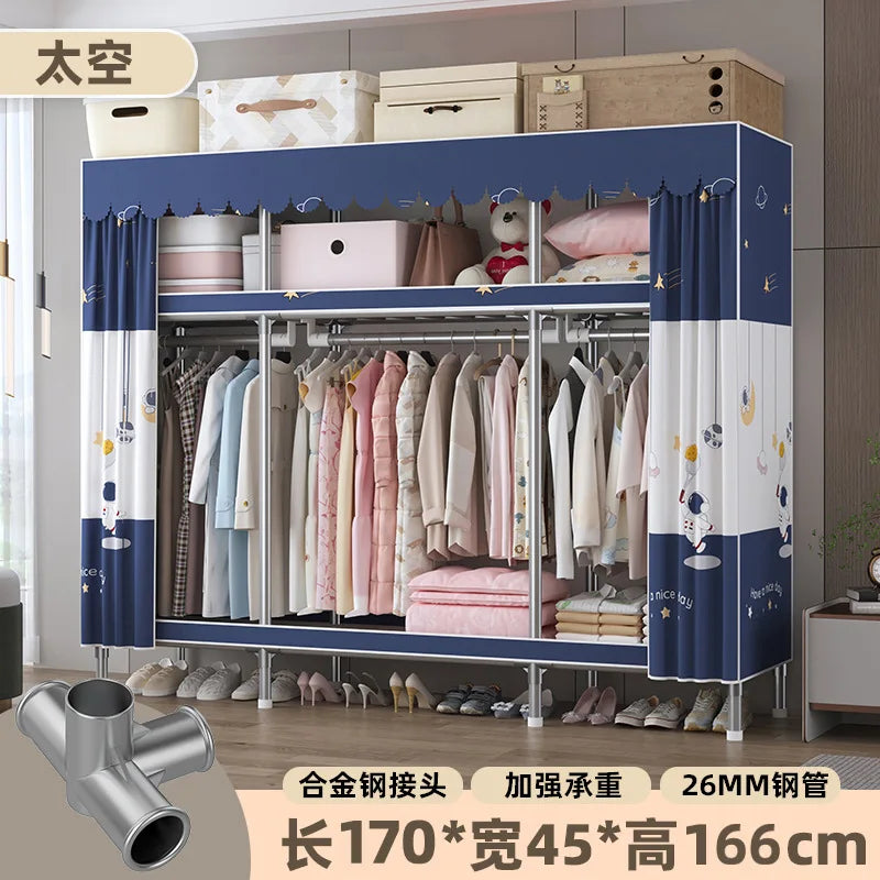 Simple Wardrobe Household Bedroom Assembly Cloth Wardrobe Steel Pipe Bold Reinforcement Strong and Durable Cloth Wardrobe