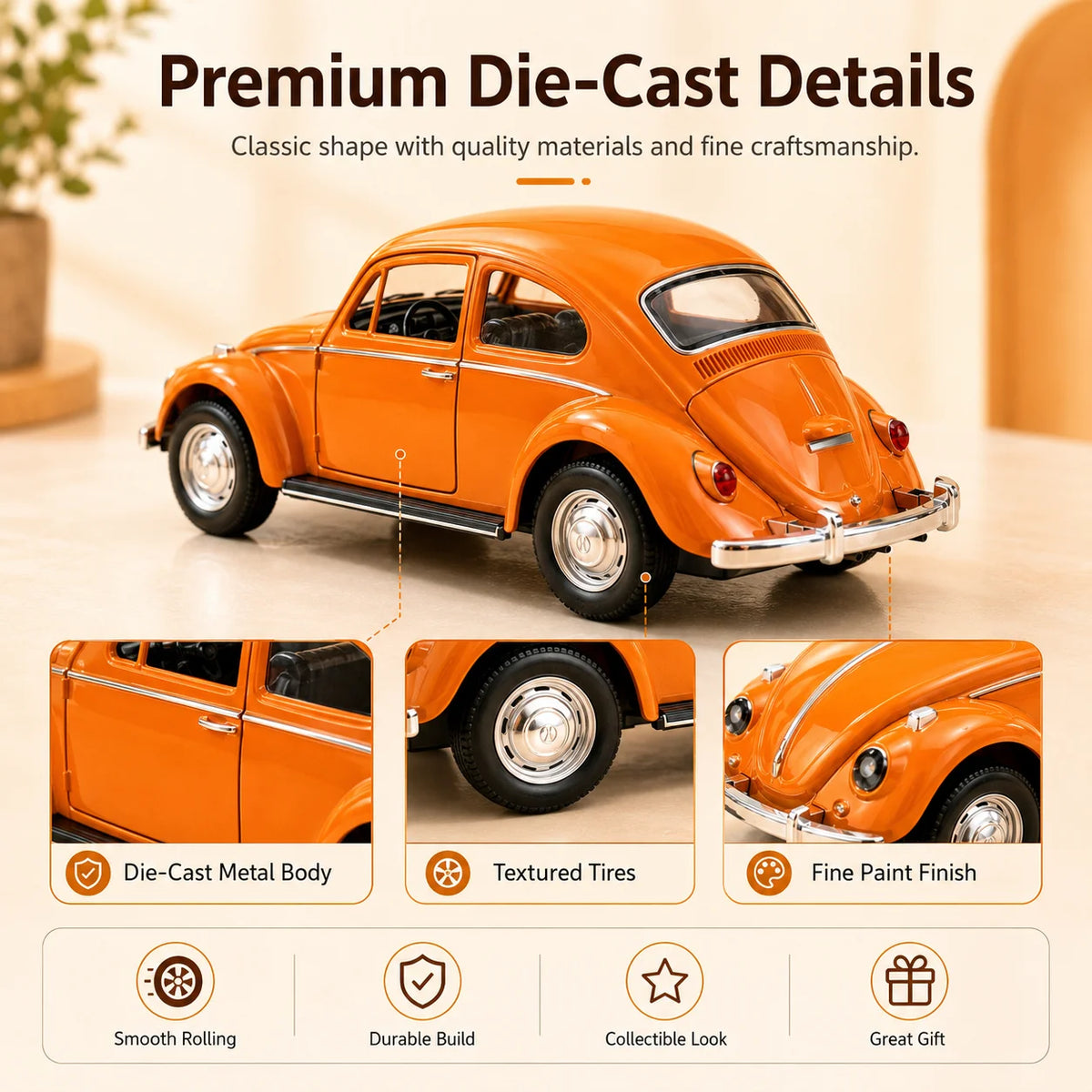 MQUDUO 1:36 Orange Classic Beetle Style Diecast Car Model, Pull Back Vehicle with Openable Doors and Detailed Interior for Decor