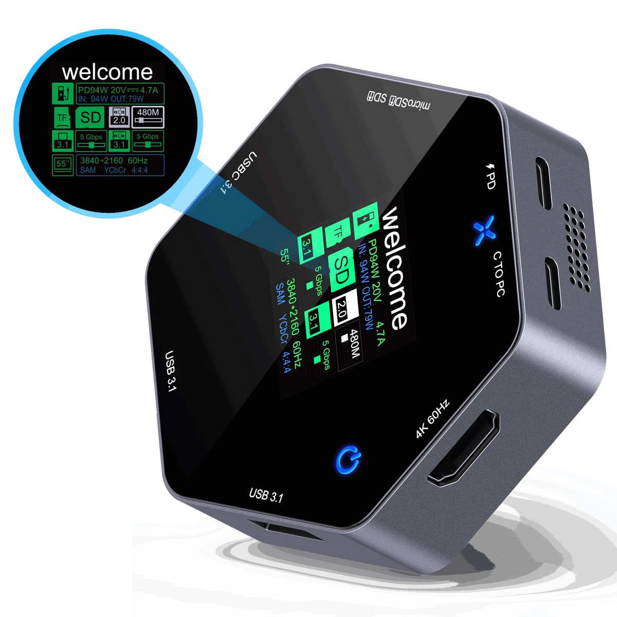 CoolFish USB HUB Docking Station Type-C Smart Display 4K 60 HDMI 8 in 1 Multi Port Hub Splitter PD Charging USB Extender