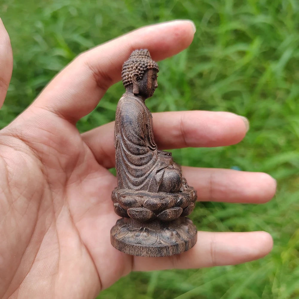 Wooden Lotus-Sitting Buddha Statue, Wood-Carved Vairocana Ornament, Shakyamuni Buddha Figurine, Zen-Inspired Craft Decoration