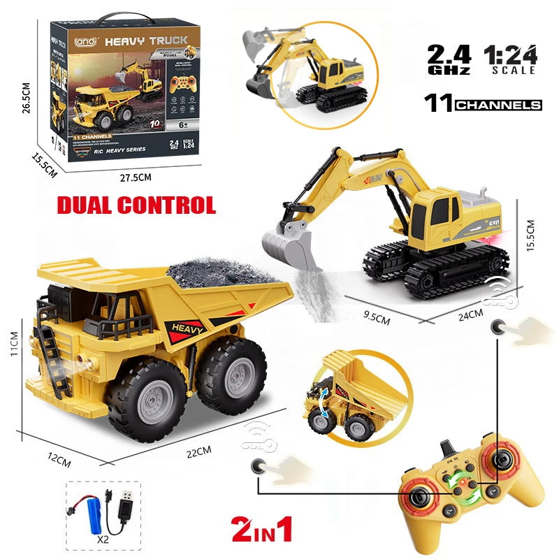 1/12 Rc Flat Truck with Excavator 11Ch Alloy Engineer Vehicle 2.4G Remote Control Car Radio Controlled Trailer Toys for Boy