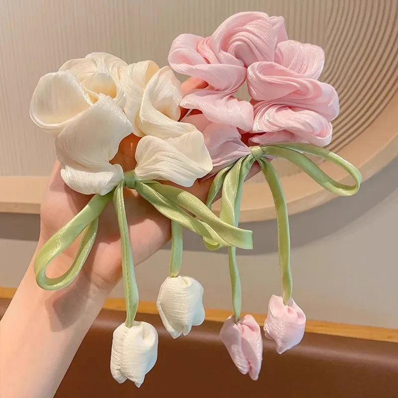 Cute Tulip Flower Large Intestine Scrunchie For Girls Sweet Hair Ornament Headband Hair Band Hair Tie Fashion Hair Accessories