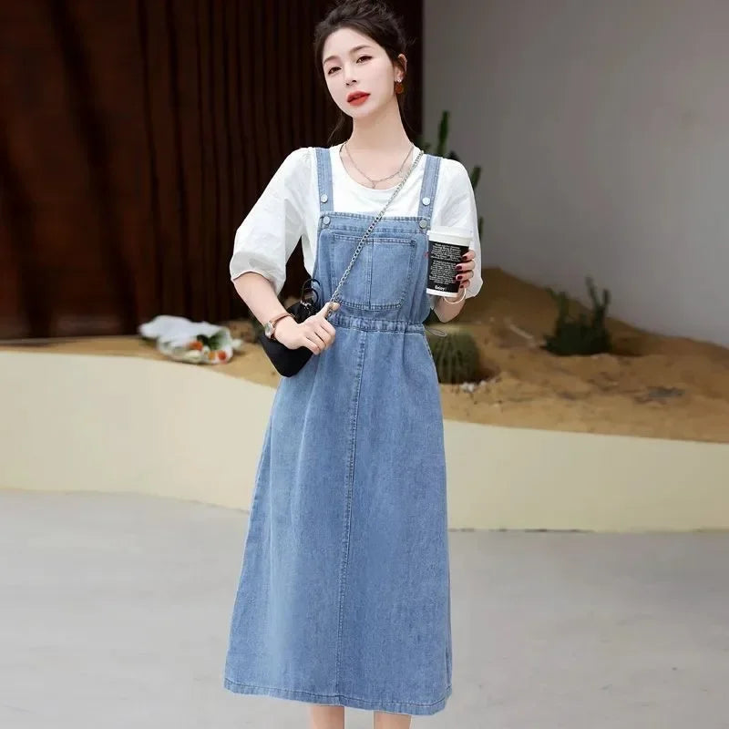 New 2025 Fashion Women's Denim Suspender Dress Causal Female High Waist A-line Solid Strap Jean Dresses Woman