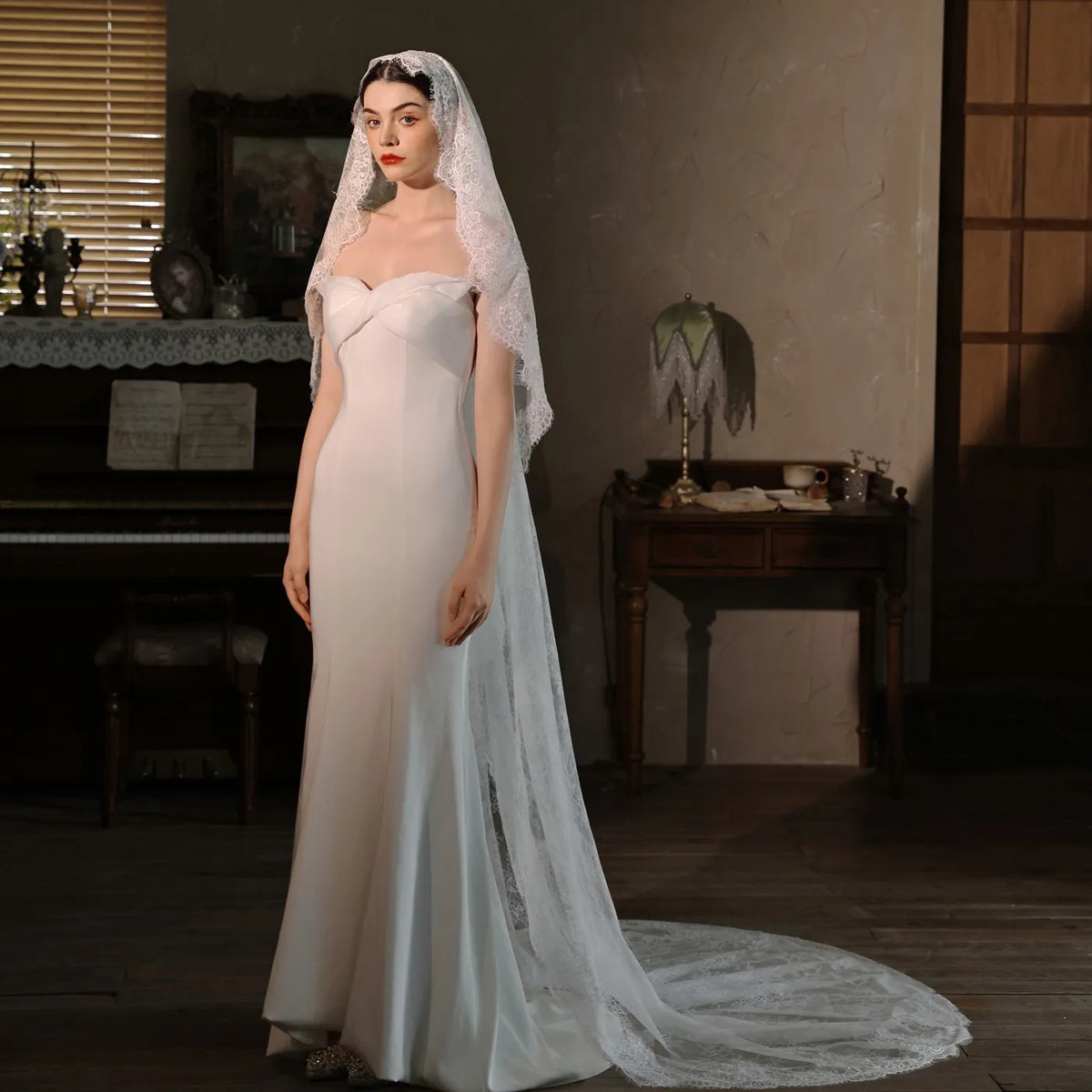 230CM Elegant One Layer Soft Lace Bridal Veil Court Train Long Marriage Wedding Accessories