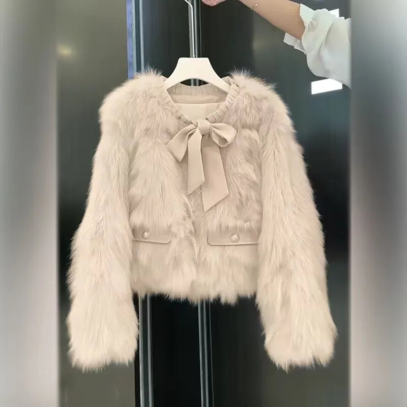 Winter Pink Eco-Friendly Fox Hair Women's Short Fringed Edge Design Age-Reducing Jacket Furry Top Faux Fur jacket For Lady