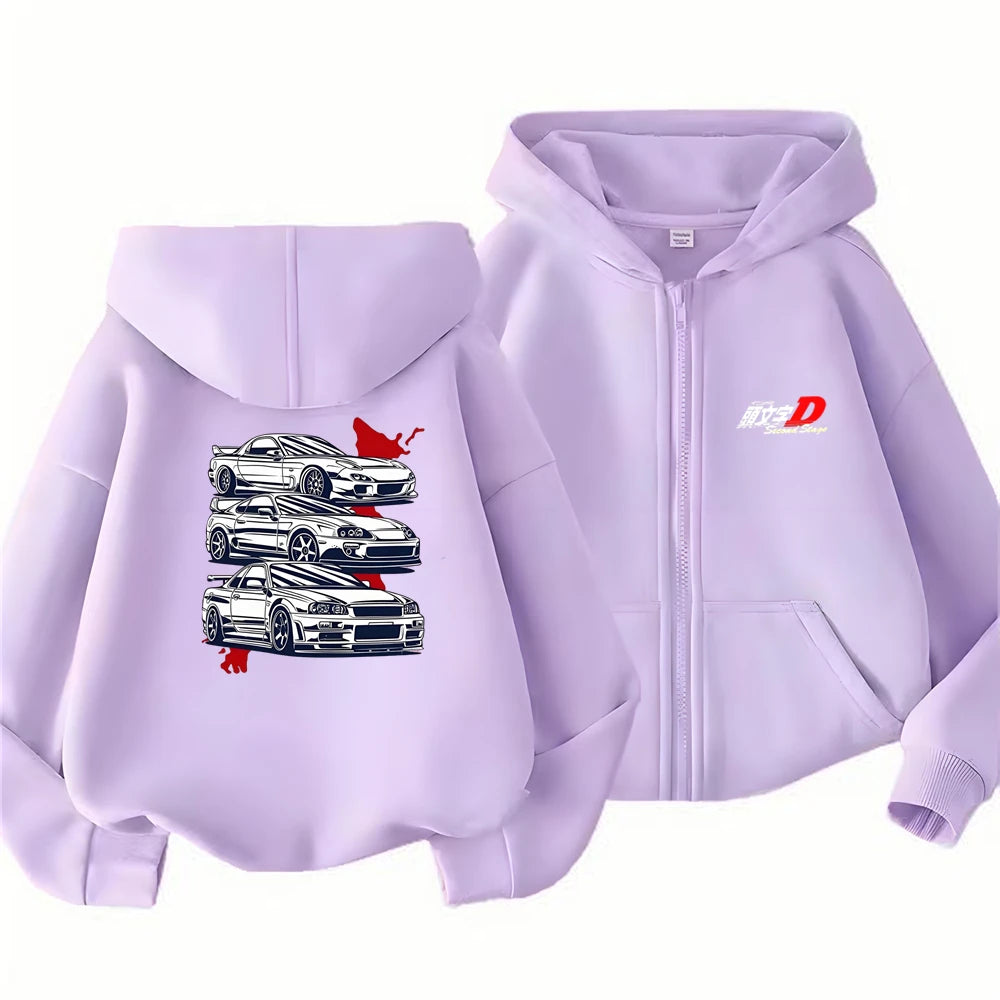 Children Age 3-12 Hoodies Zipper Cardigan Tops Boy Black Girls Pink Leisure Coat Long Sleeve Hooded Japanese Manga Racing Movie