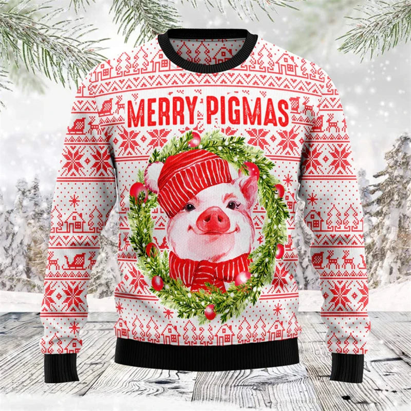Cute Pink Pig Graphic Ugly Christmas Sweater Men 2026 Merry Christmas Long Sleeve Pullovers Tops Family Festival Sweatshirts
