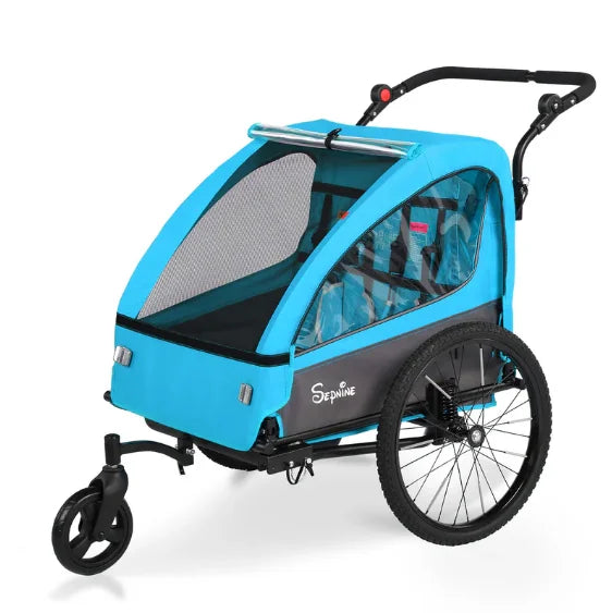 BT920 Child Bike Trailer Double Seat Max 88lbs Foldable Compact Storage Jogging Stroller Mode With Handbrake