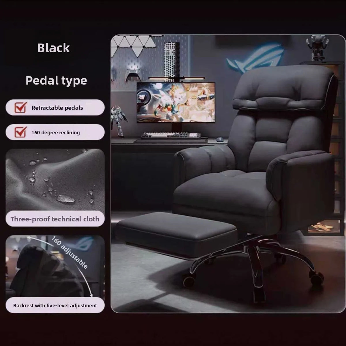 Comfortable Computer Chair with Armrest Footrest Home Office Dormitory Lounge Recliner Back Support Pillow Adjustable Seat