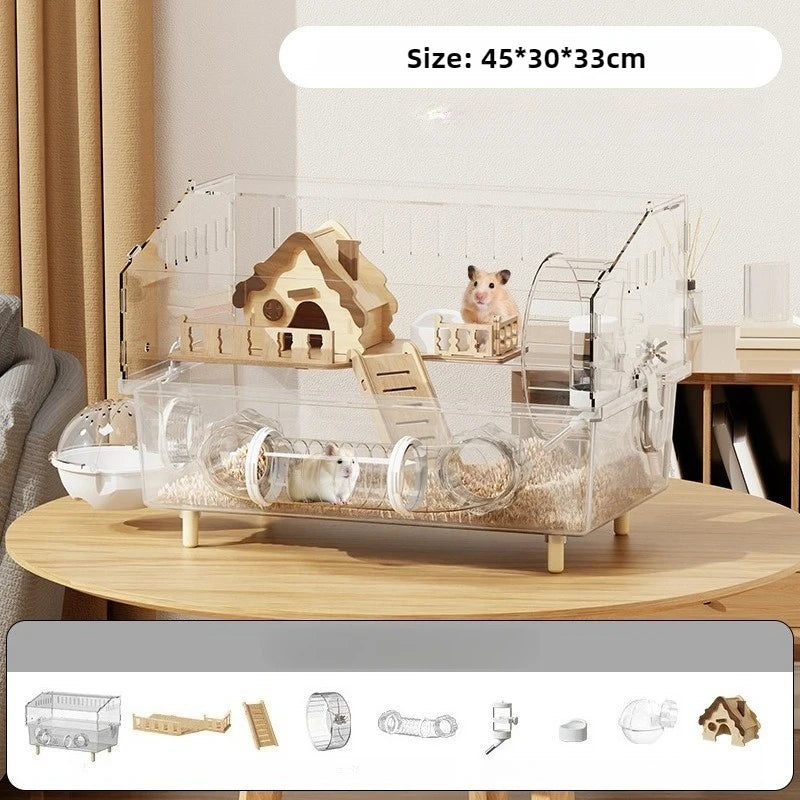 Luxury Transparent Acrylic Hamster Cage Large Space Hideout House Small Pet Habitat Feeding Drinking Accessories