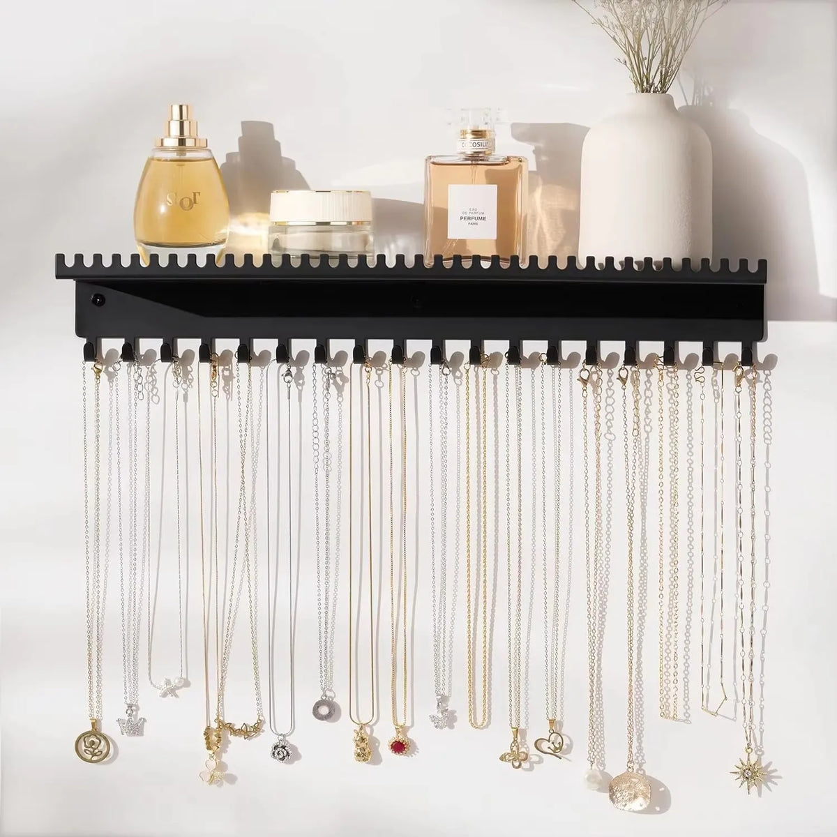 Necklace Holder Wall Hanging Organizer: Wall Mounted Jewelry Shelf with 56 Hooks and Tray, Display Hanger for Kids,