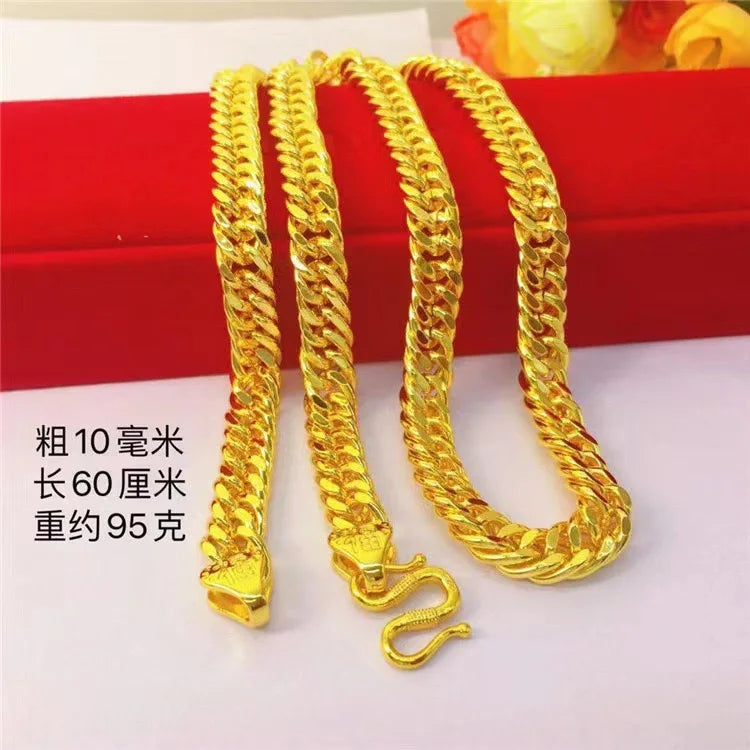 Luxurious 999 24K genuine gold men's flat chain Boss necklace, simple and elegant, men's boss gold jewelry necklace