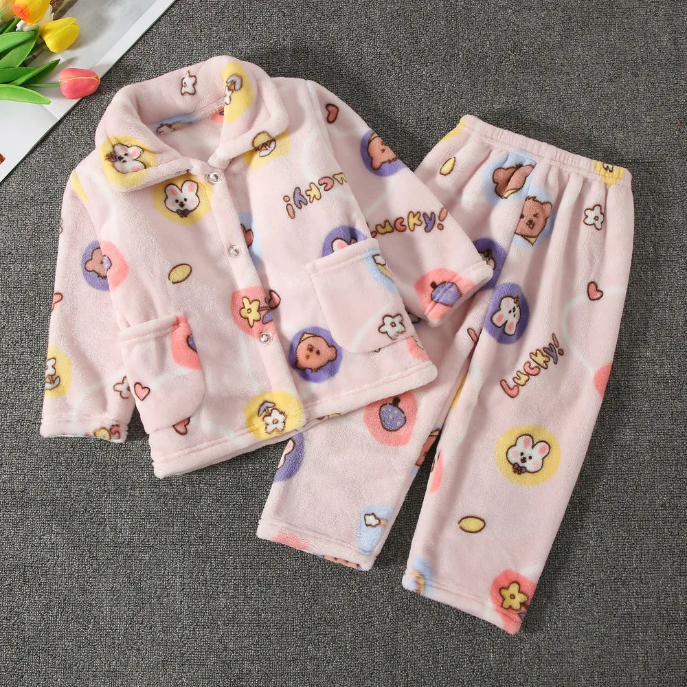 Girls' sleepwear long sleeved flannel children's sleepwear autumn and winter coral fleece boys' baby children's home Clothing se