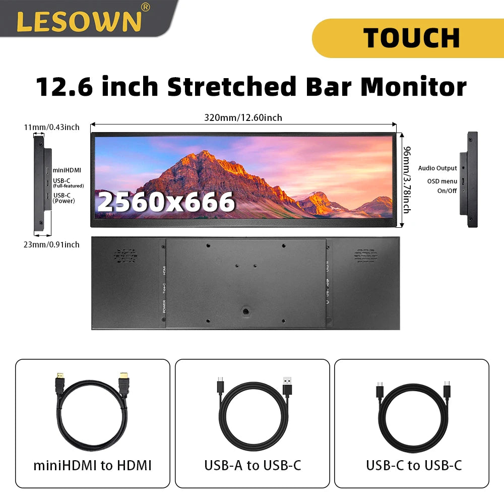 LESOWN 12.6 12.7inch 120Hz Secondary Screen FHD IPS Touch Monitor 2880x864 Stretched Bar LCD Display for Laptop Computer Windows