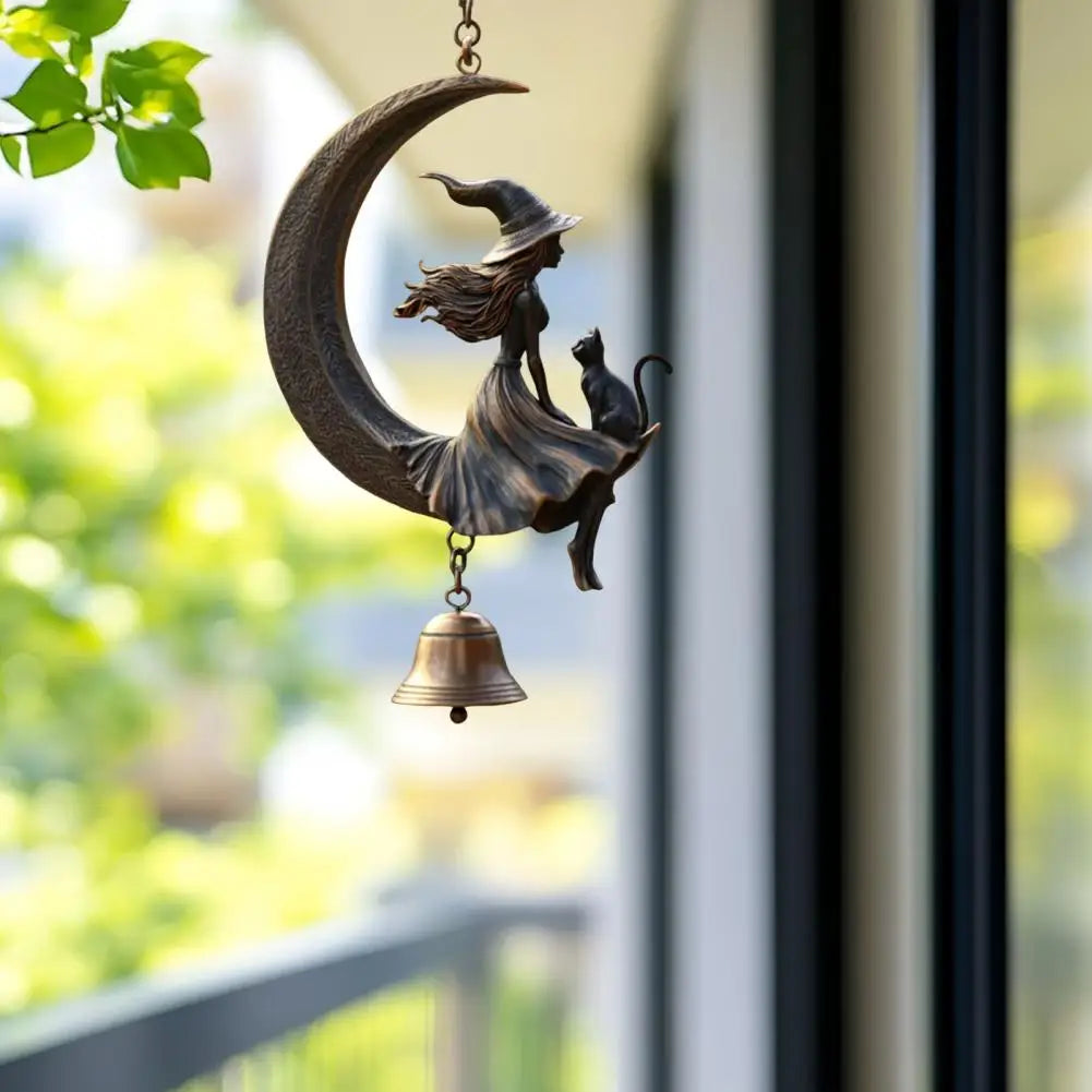 Witch Wind Chime Halloween Witch Black Cat Moon Wind Chime for Garden Patio Decor Metal Hanging Bell Ornament with Cat for Lawn
