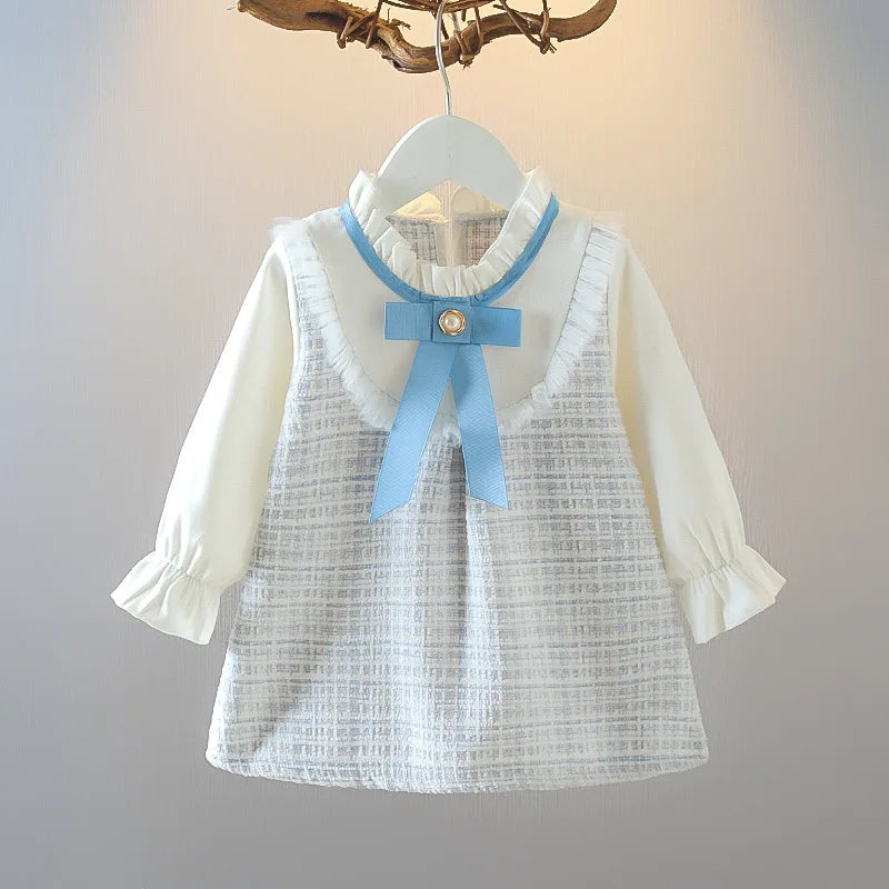 Spring and Autumn New Baby Girl Long Sleeve Dress Fake Two Small Checkered Children's Clothes (0-3 Years Old)