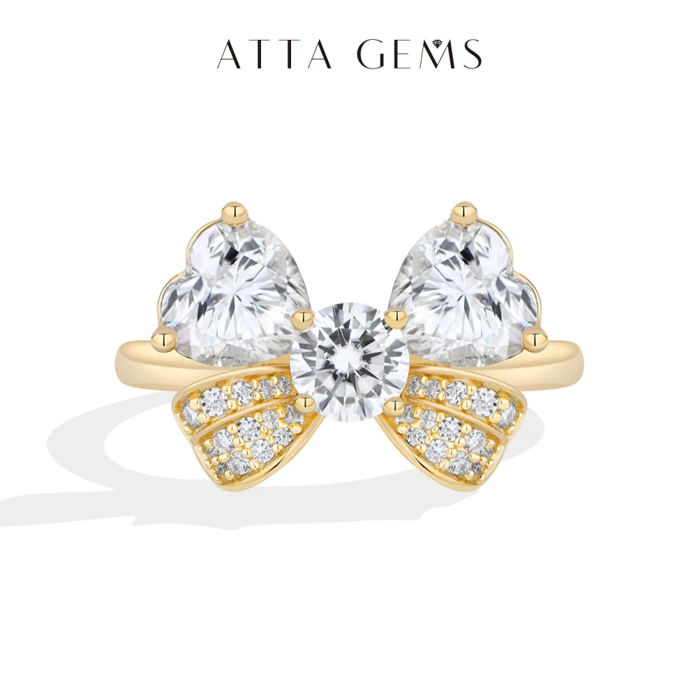 ATTAGEMS Fashion Love Bow Moissanite Ring Heart Cut S925 Silver Romantic Wedding Band ForWoman Birthday Gift Anniversary Jewelry