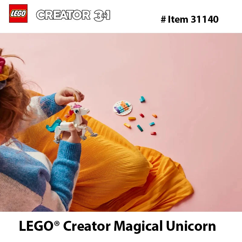 Lego 31140 Creator 3 in 1 Magical Unicorn Toy, Transforms from Unicorn to Seahorse to Peacock, Rainbow Animal Figures 145 PCS