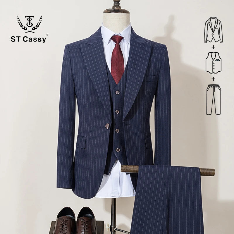 ST Cassy High-Quality Black Striped Suit Slim Fit Luxurious and Elegant Men's Business Suit Wedding Fashion Clothing 3-Piece Set