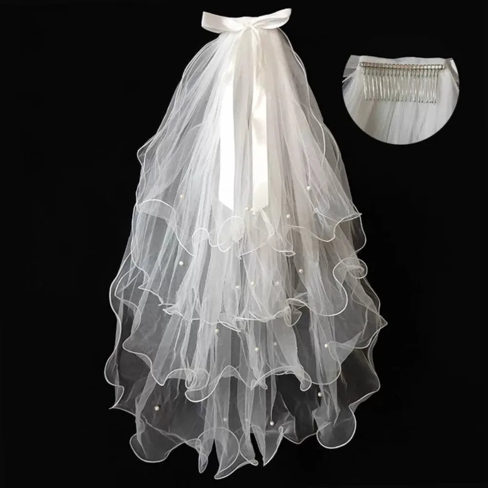 New Four-layer Bridal Veil Soft Tulle Curled Wedding Veils White Pearl Bow Ribbon Bride Head Gauze Wedding Accessories