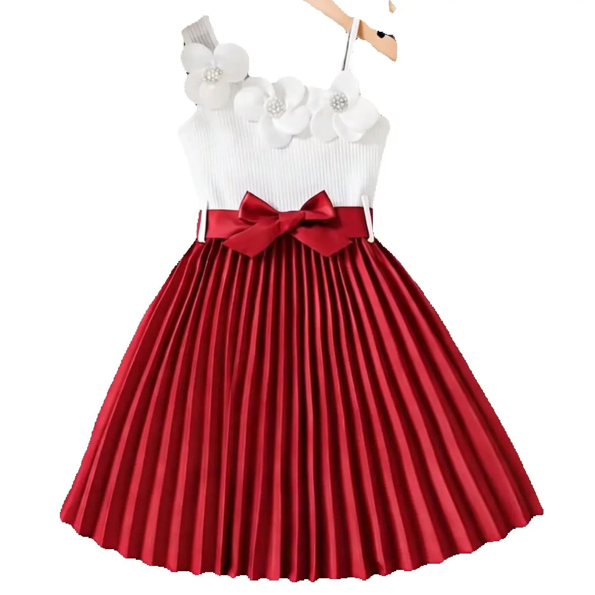 Cute and elegant girl color blocked pleated skirt sleeveless suspender solid color floral mid length dress